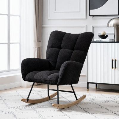 Chaise berçante à oreilles en tissu Teddy avec poche de rangement latérale, base en bois massif