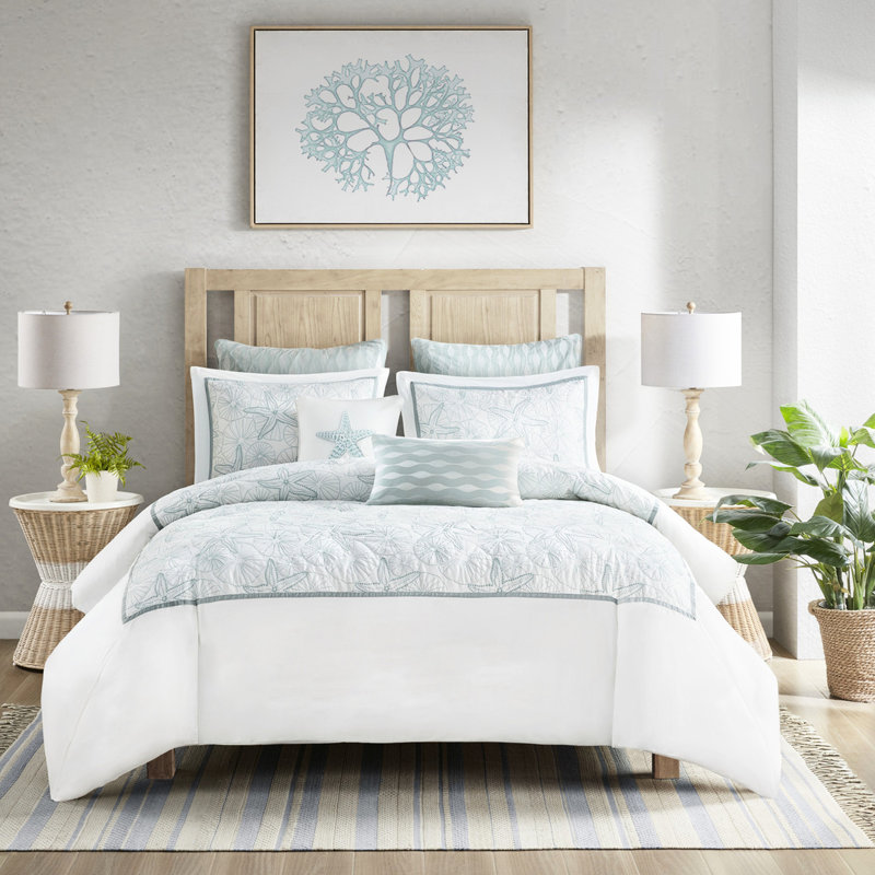 Housse de couette blanche 100% coton double / grand - broderie dollar foncé et sable pour brise d'océan, fermeture à boutons, 4 attaches intérieures, 2 taies décoratives de plage et broderie, standard