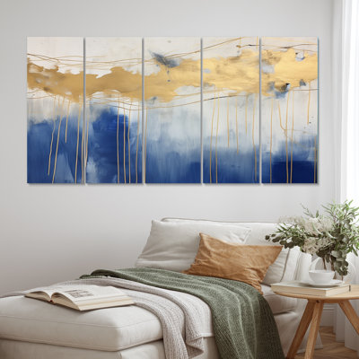 Momentary Spirit Golden Wave Retro Blue IV - Abstract Shapes Reproduction d'art mural - 5 panneaux égaux