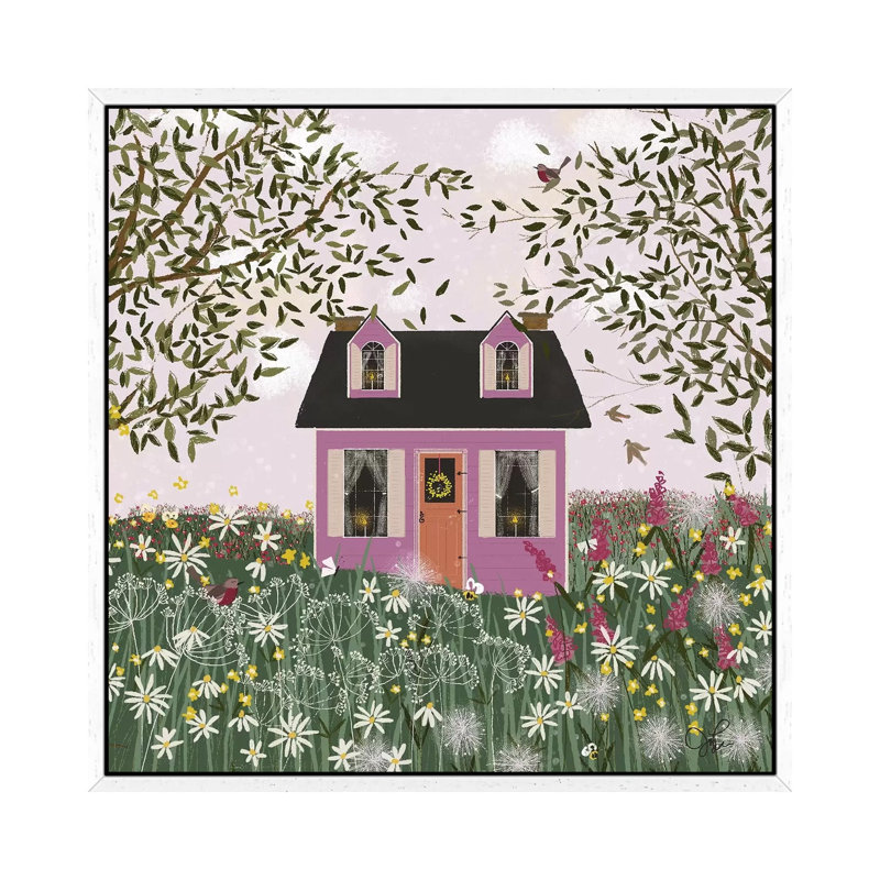 Purple House On A Hill by Joy Laforme - Painting on Canvas, White Framed, 66.04cm H x 66.04cm W x 3.81cm D