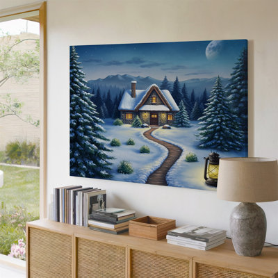Toile, "Un charmant chalet couvert de neige niché dans un paysage d'hiver serein, paysage entouré de grands pins givrés", art mural