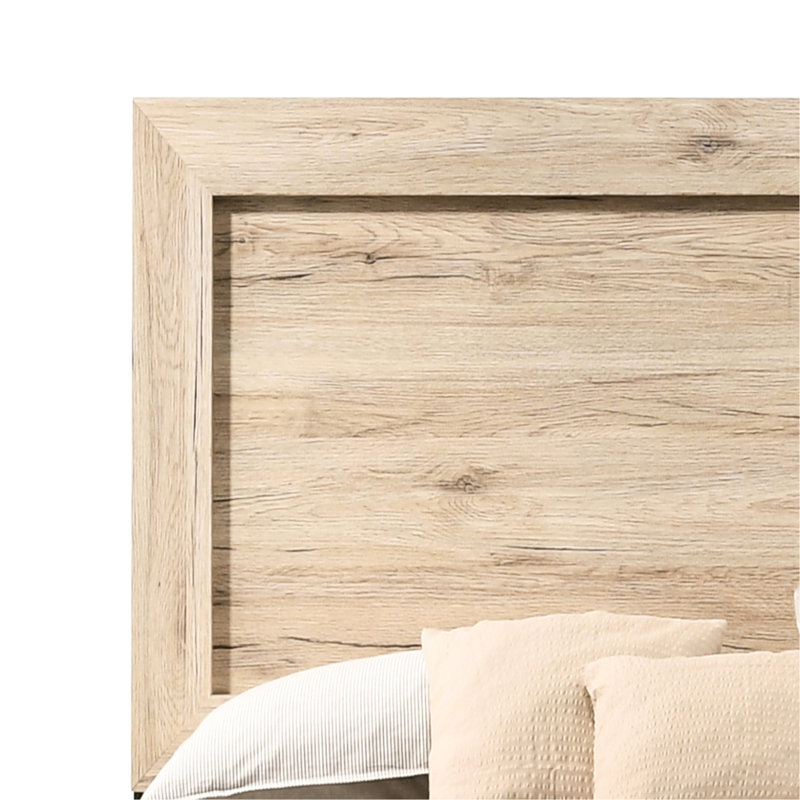 Grand lit naturel pour une ambiance de chambre à coucher tranquille avec tête de lit à panneau et mécanisme de glissière en métal