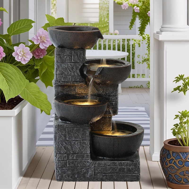 Outdoor Water Fountain, 4-tier Cascading Rock Bowls Waterfall Fountains W/led Lights For Garden Yard Decor, Indoor Floor-standing Resin Water Feature For Patio Deck Porch And Home