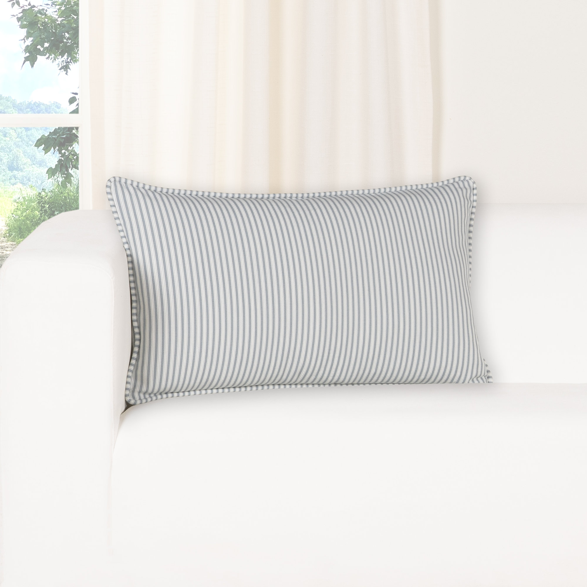 Birch Lane Polo Stripe Calypso Piped Feather Accent Pillow, Feather, Blue, Rectangle 14"H x 26"W