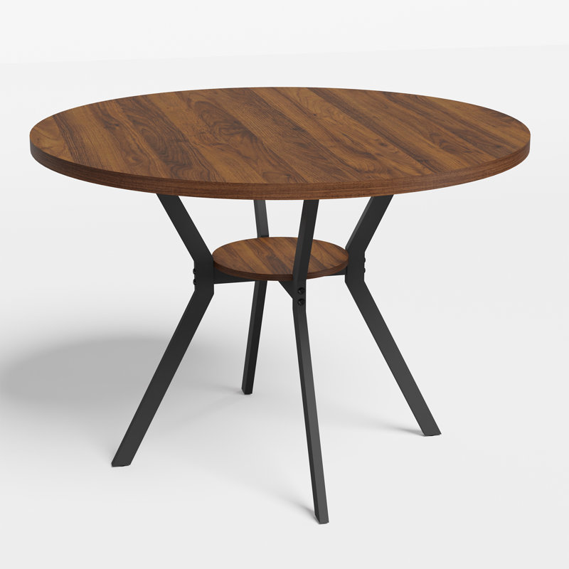 Table de salle à manger ronde de 107 cm de diamètre avec tablette de rangement et piètement en métal pour 4 personnes.