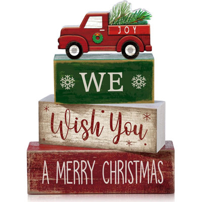 4 Pcs Wooden Red Truck Christmas Decor Block Signs | Farmhouse Tiered Tray Decor, Rustic Indoor Tabletop Centerpiece, Vintage Wooden Block Signs, Merry Christmas Truck Theme