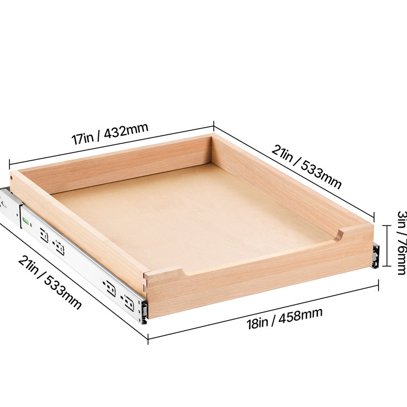 Tablette coulissante à fermeture en douceur pour organisateur d'armoire, l 17 po x P 21 po, bois, capacité de charge élevée et multiples tailles, tiroir en bois massif P 21 po, rails en métal, assemblage facile