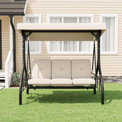 Balancelle d'extérieur avec auvent réglable et inclinable à 180 ° - Balancelle de patio robuste à 3 places, capacité de 800 lb avec porte-gobelets, coussins et coussins - Balançoire de jardin pour adultes, beige