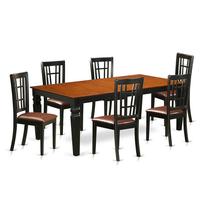 Ensemble de salle à manger 7 pièces comprenant une table de cuisine rectangulaire avec rallonge papillon et 6 chaises rembourrées en similicuir, 107 x 213 cm, noir et cerisier