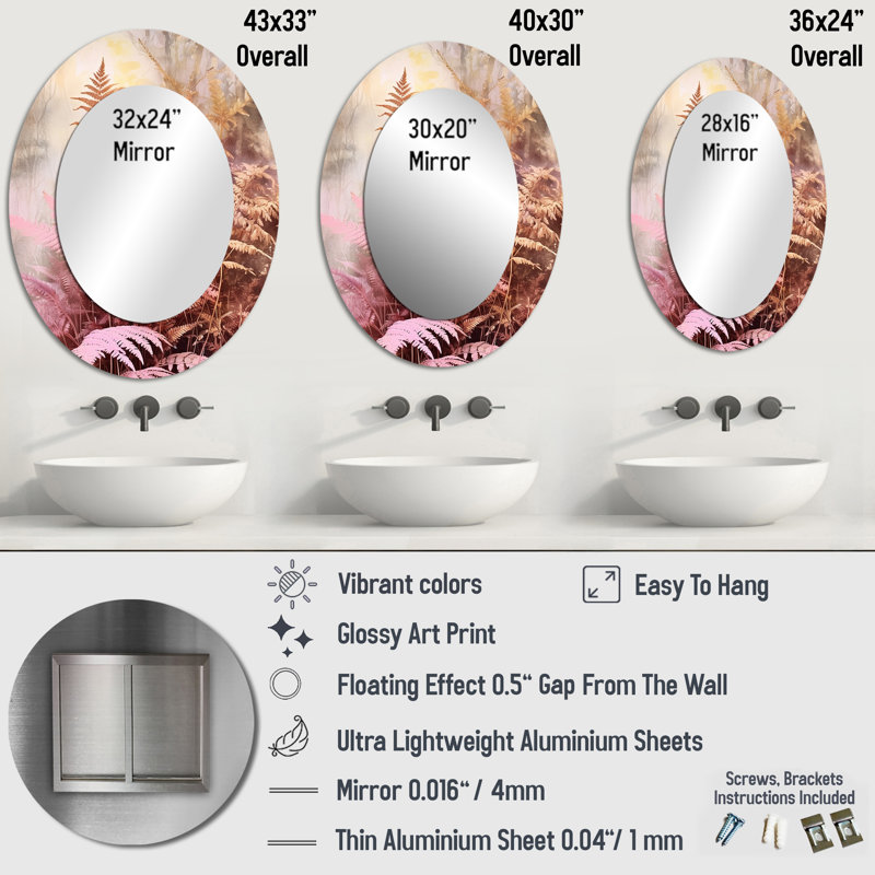 Pink Brown Fern Fonds - Pink Traditional Oval Wall Mirror, 36" x 24"