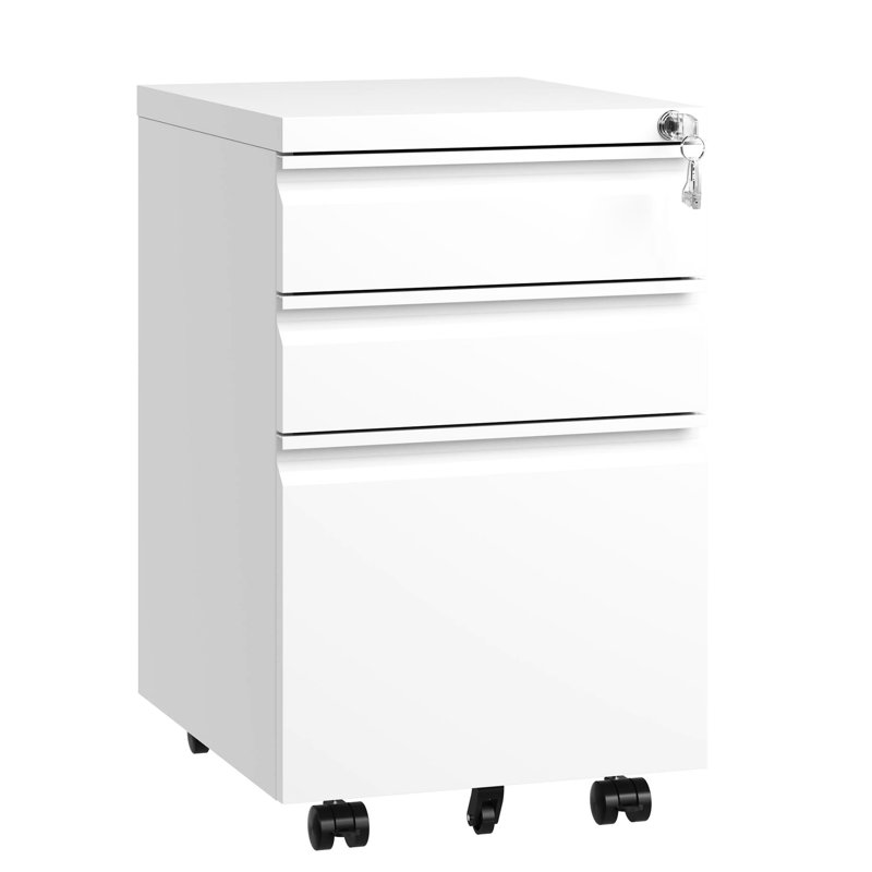 3 Drawer Mobile File Cabinet In White With Lock. Fully Assembled For Office. Stores Letters/Legal/A4. Secure Organization. Drawers Feature A Removable Pencil Tray. Smooth Glide On 5 Wheels. Metal