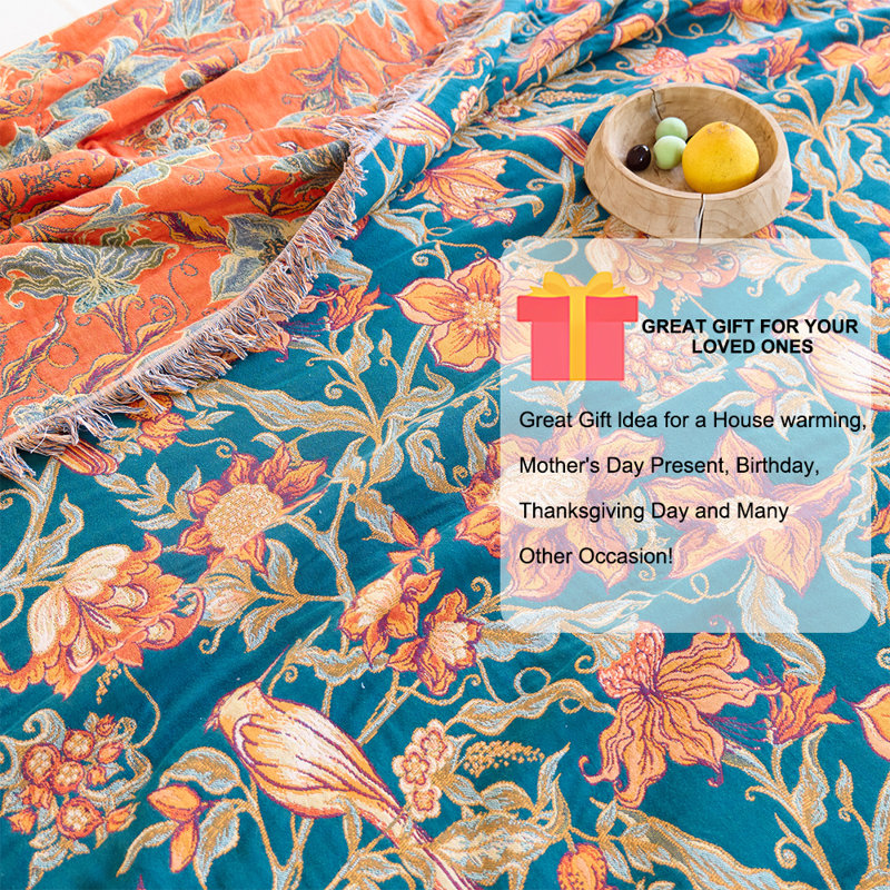 Courtepointe tissée réversible 100% coton à motif floral William Botanical Bird, Vert / motif floral orange