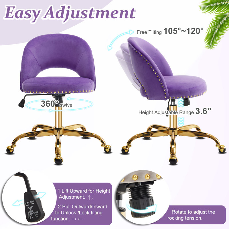 Fauteuil de bureau avec roulettes, Velours, Mauve