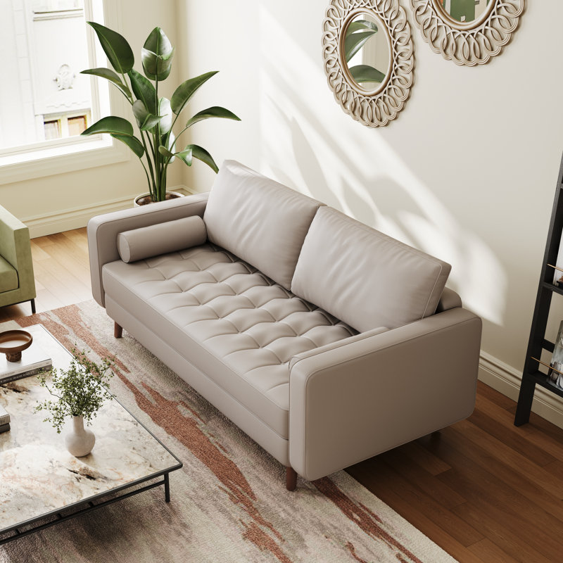 Bridgeview Leather Mid Century Modern Upholstered Square Arm Sofa or Loveseat, Sofa 70" W , Beige Vegan Leather