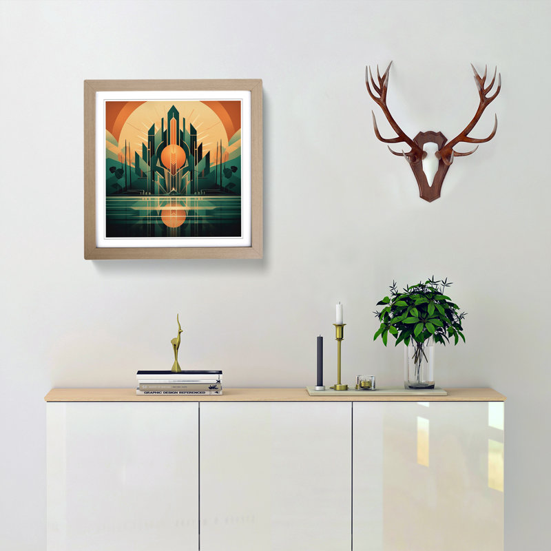 Sunrise Art Deco No.9 - Single Picture Frame Print on Wood, Oak