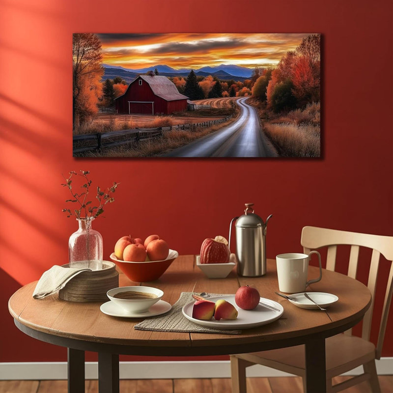 Automne, décoration murale, grange rouge, paysage mural, image naturelle, coucher de soleil, décor de toile pour salon, affiche rustique 24 po x 48 po