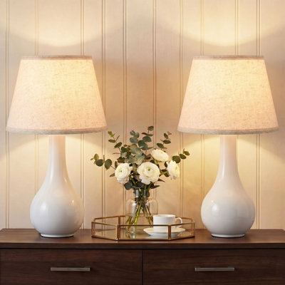 19" Modern White Ceramic Table Lamps Set of 2, Bedside Nightstand Lamps with Oatmeal Linen Shades for Bedroom, Living Room, End Table & Home Office