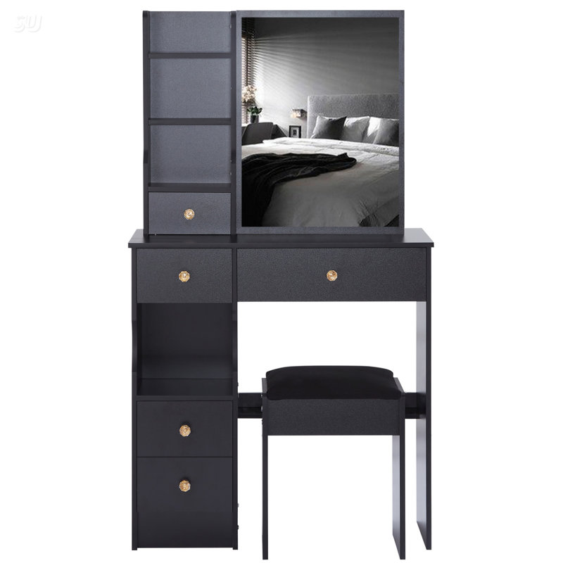 Table de coiffeuse et tabouret rembourré avec cinq tiroirs coulissants et support pour sèche-cheveux, Noir, noir, noir, noir