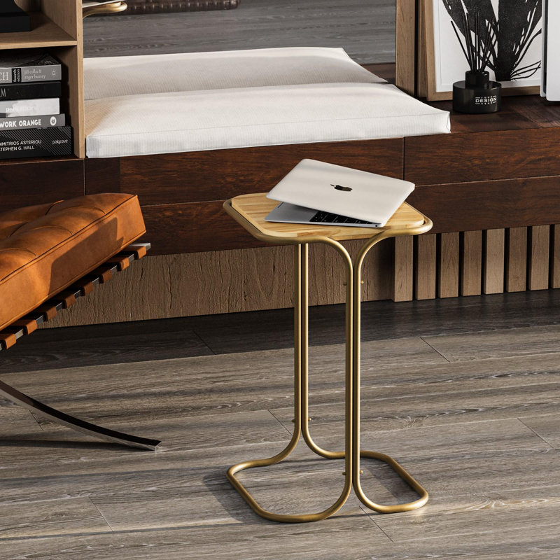 Table basse moderne avec structure en métal, finition dorée et naturelle, 11,8 po x 20,5 po x 11,8 po | 100% bois, poids léger à 3,5 lb | Design élégant et fonctionnel, parfait pour la décoration de salon ou de bureau