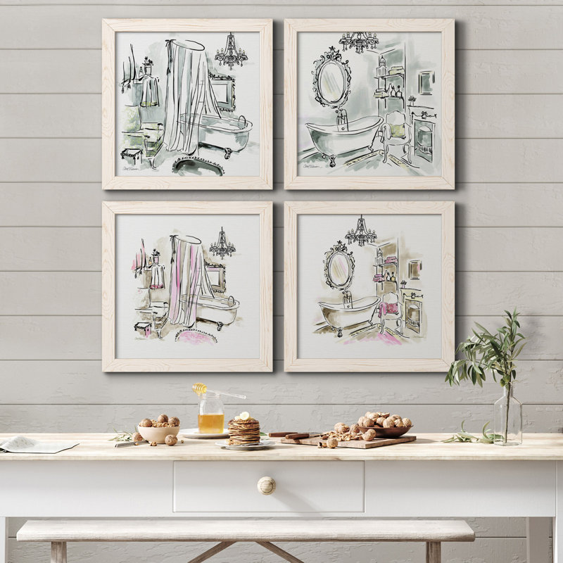 «Opulent Bath I», ensemble de 4 peintures sur toile encadrées, H 31,5 po x l 126 po x P 1,5 po, Toile blanche encadrée