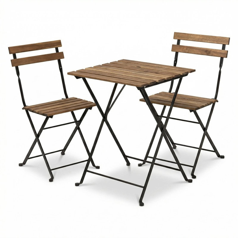 3-Piece Patio Bistro Set, Wood and Metal Table and Chairs, Natural Finish, Space-Saving Outdoor Seating