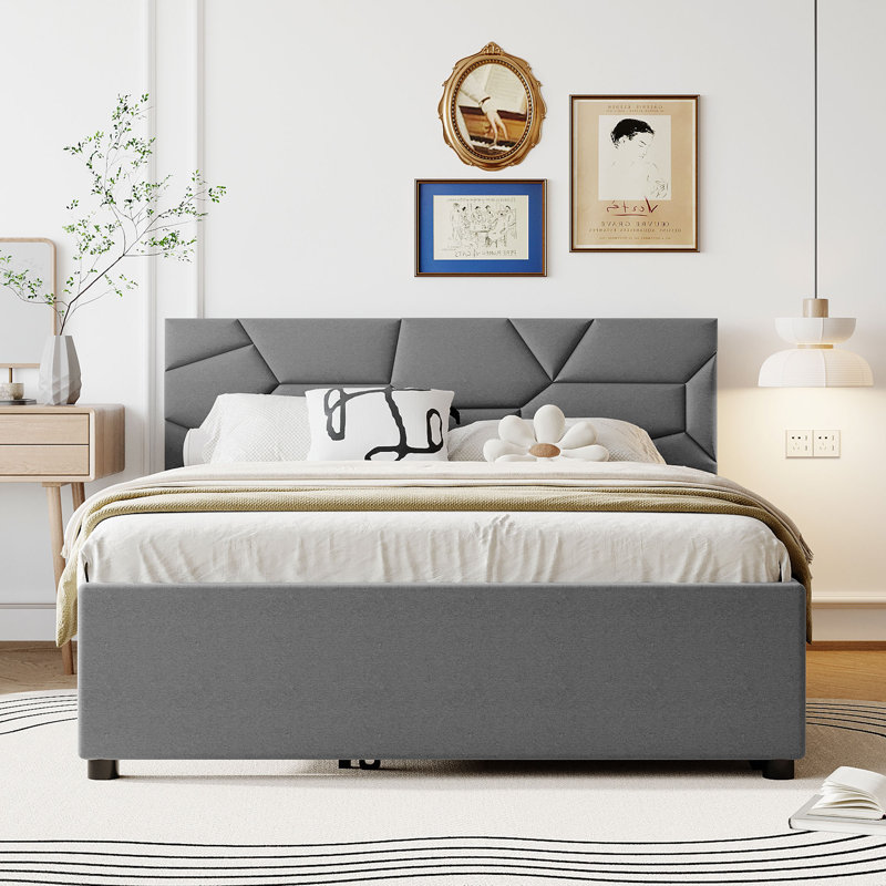 Lit plateforme tapissier avec lit gigogne, Gris, Grand