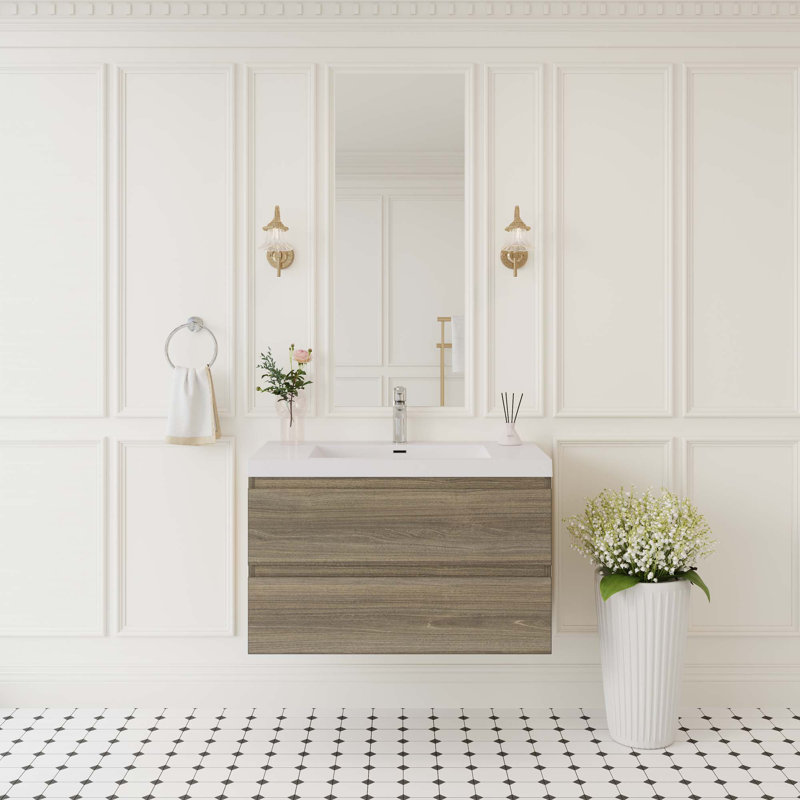 Floating Bathroom Vanity With Sink, 36", Ash Gray