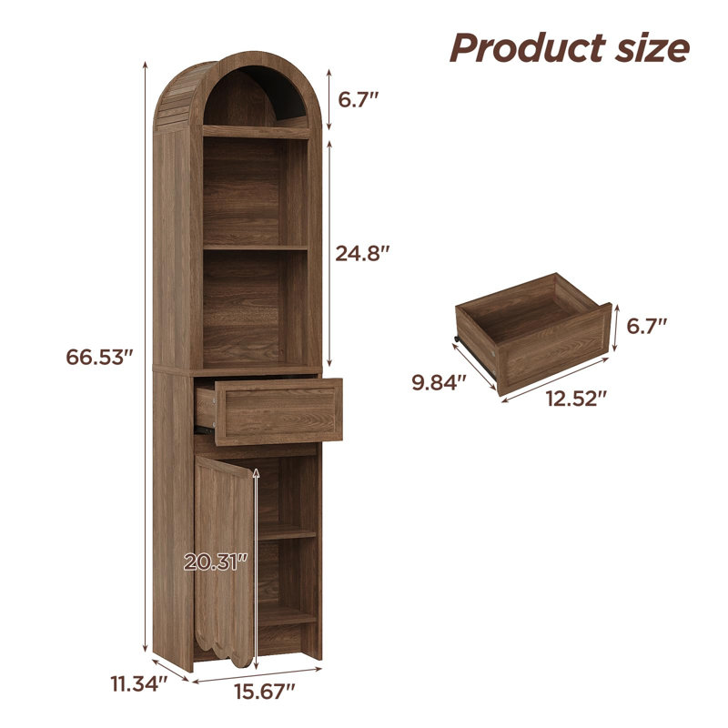 Armoire de rangement haute avec plateau cannelé arqué, armoire de rangement haute de 67 po avec 2 tiroirs ouverts et tablettes réglables