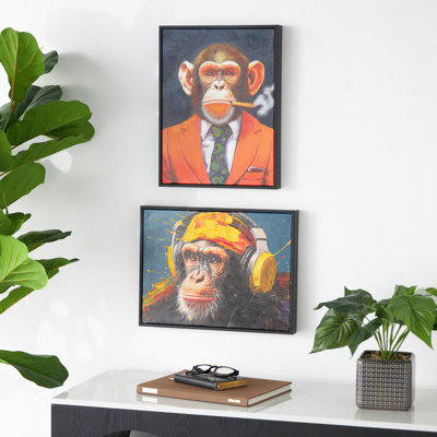Cole, toile grise, art mural de salon de singe avec cigare et casque
