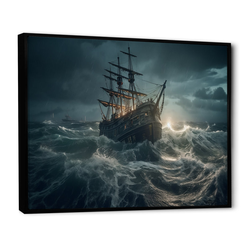 Ship In The Middle Of A Storm I Framed On Canvas Print, 34" H x 44" W x 1.5" D, Black Floater Framed