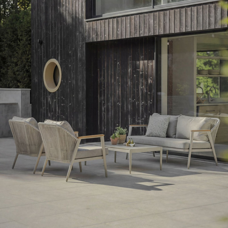 Antibes 2 Seater Sofa with Rectangle Coffee Table & 2 Armchairs, Cream Cushion/Cream Frame