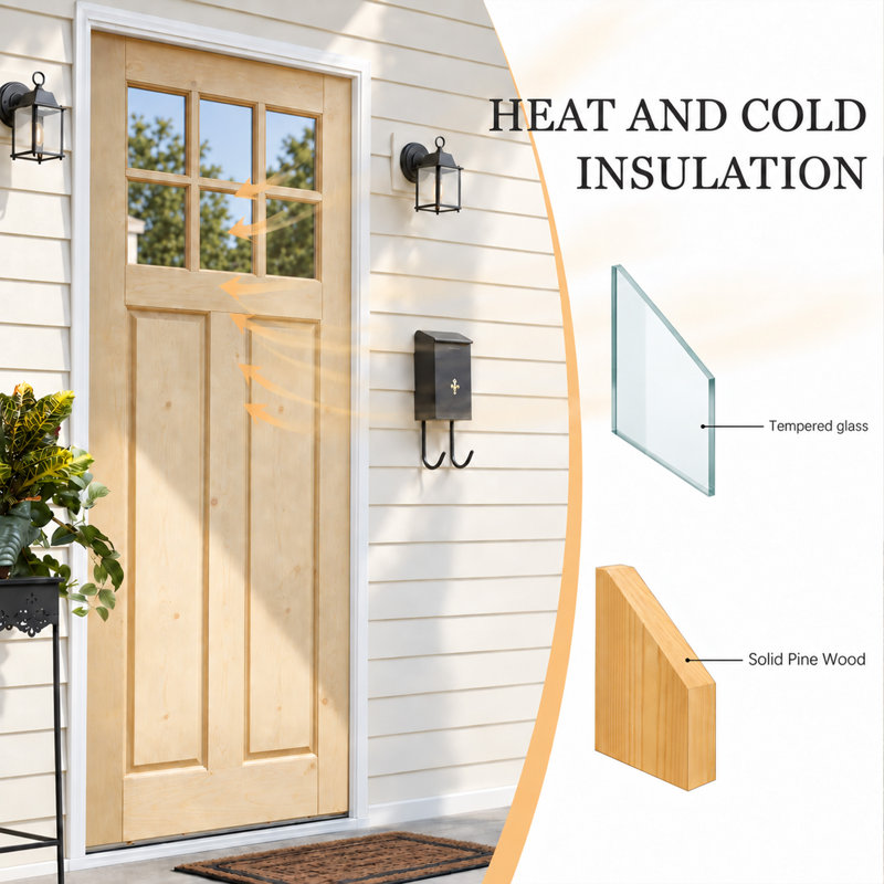 6-Lite Double Front Entry Door with White Frame Solid Pine Wood Exterior Door Clear Glass Natural Finish, Silver Hinges & Flush Bolt