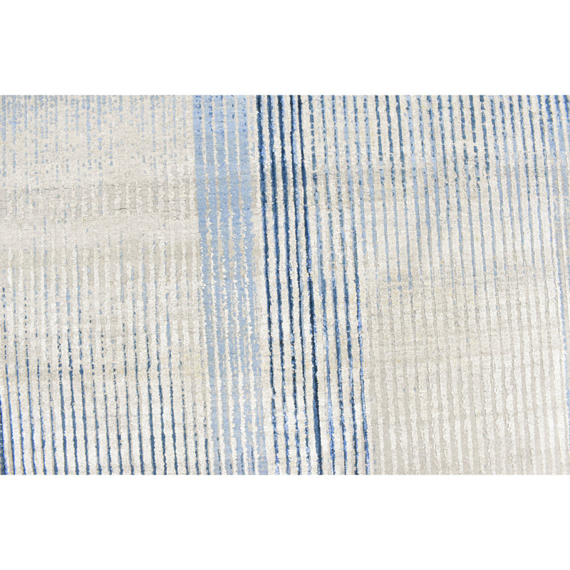 Hand Knotted Striped Area Rug in Silver/Blue, Rectangle 8' x 10'