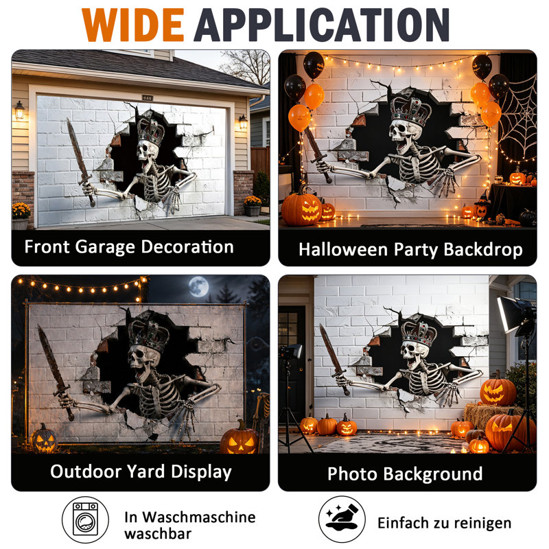 Bannière de porte de garage d'Halloween de 2,13 m x 4,88 m avec motif squelette