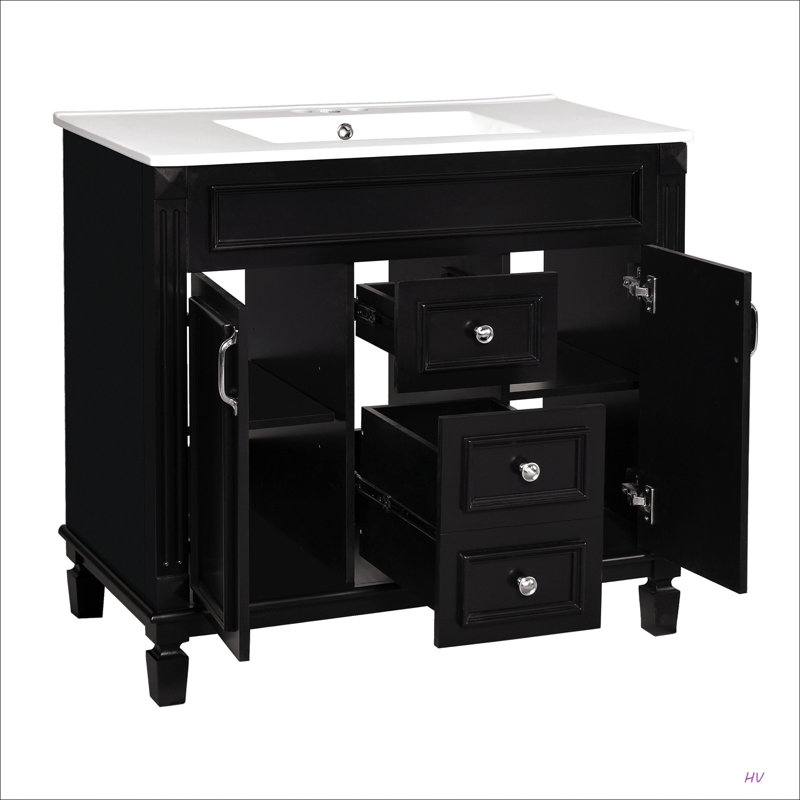 Meuble-lavabo de 36 po avec lavabo supérieur, armoire à miroir, armoire de rangement moderne avec 2 portes à fermeture douce et 2 tiroirs, meuble-lavabo simple