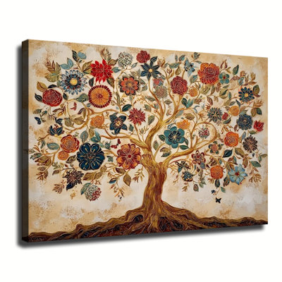 Arbre de vie floral vintage avec fleurs colorées et papillons, grande toile tendue sur châssis pour salon ou chambre