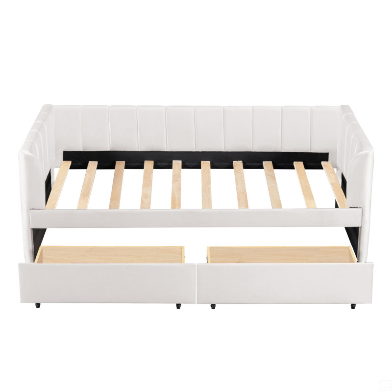 Lit de jour simple tapissier avec 2 tiroirs, Beige