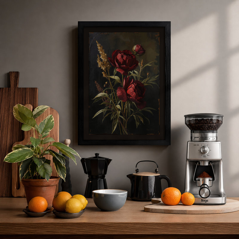Crimson Roses and Gold Botanical - Framed Print, A1 - 84.1 x 59.4 cm, Black