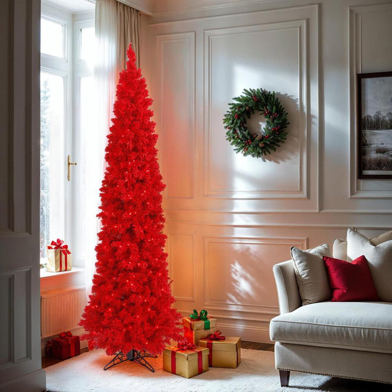 Sapin de Noël artificiel floqué rouge, H 9 pi, Illuminée