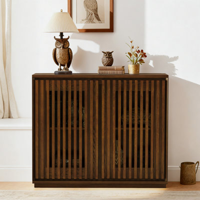 Mid Century Modern Walnut Fluted Hollow Sideboard with 2 Rear Outlet Holes & Ample Storage