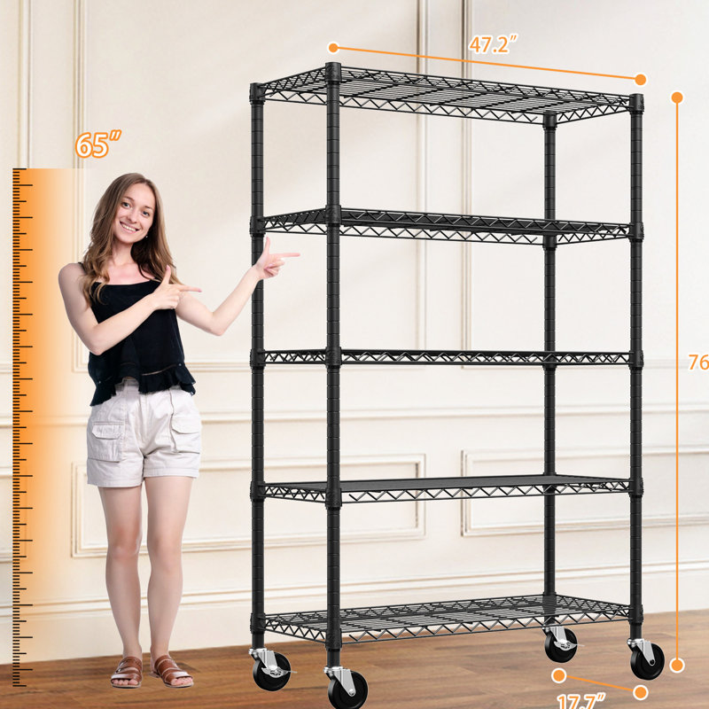 Étagère de rangement verticale en acier 5 d'une capacité de 1750 lb, tablettes réglables et 360 roues rotatives pour roues de gymnastique au carbone, cuisine