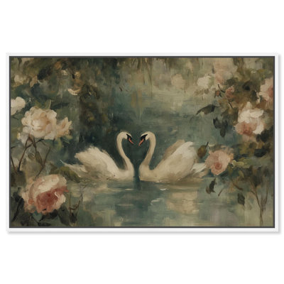 Heart of Two Swans Canvas Print Vintage Wall Decor by Art Remedy, White Frame, 30 x 20
