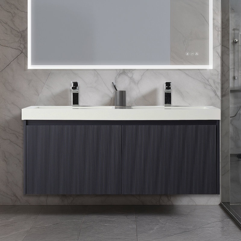 Annalisse 48 Inch Wall-Mounted Double Bathroom Vanity with Acrylic Sinks – Fluted Front, Soft-Close Drawers, Night Blue