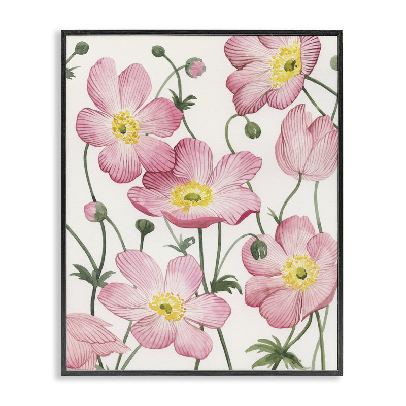 Anémones roses douces, estampe numérique, design de Grace Popp, H 20 po x l 16 po, Giclée encadrée noir minuit