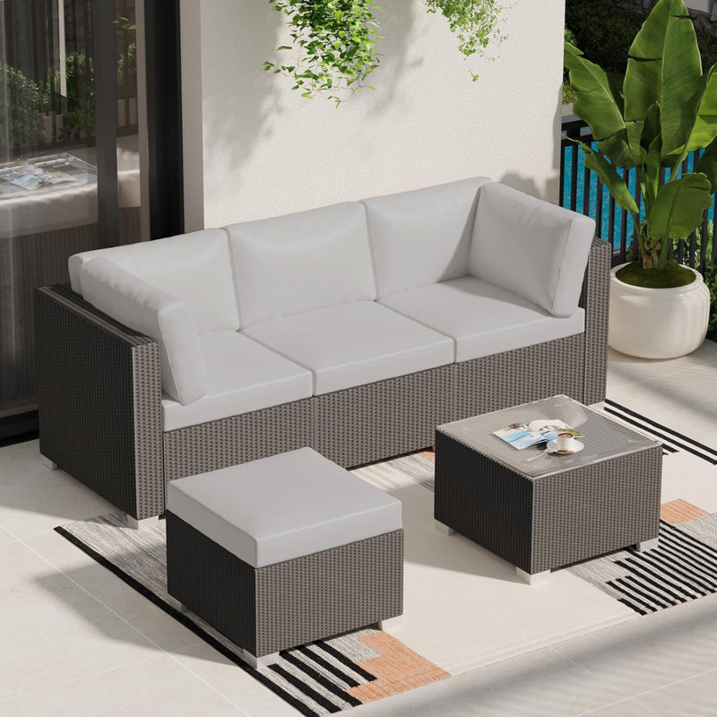 Outdoor Patio Furniture Set, 5 Pieces All-Weather Wicker Sectional Conversation Sofa with Glass Coffee Table and Detachable Soft Cushions, Small Outdoor Sofa Set for Balcony, Poolside, Yard