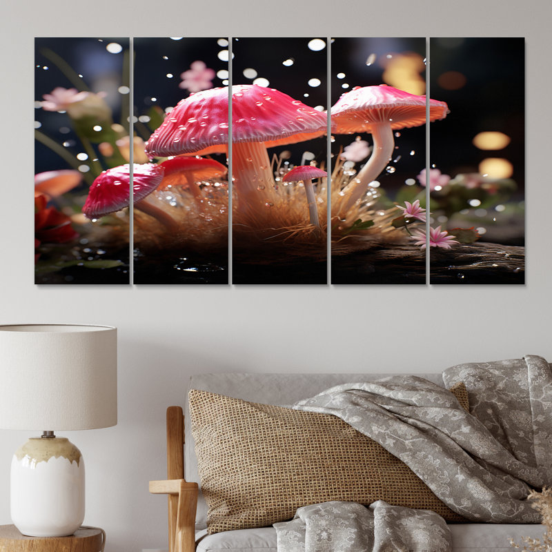 Champignons magiques dans une forêt enchantée - Art mural sur toile champignon - 5 panneaux égaux