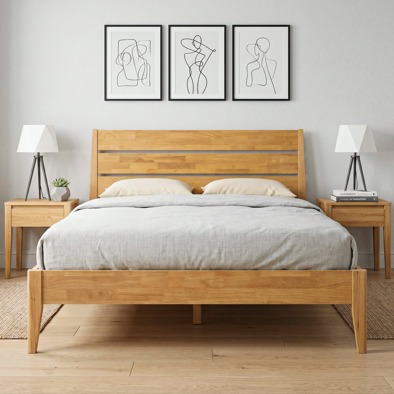 Structure de lit plateforme en bois massif de taille moyenne de style Mid-Century Tanira, TAB-41-Q, avec tête de lit à lattes, chêne miel, aucun sommier nécessaire