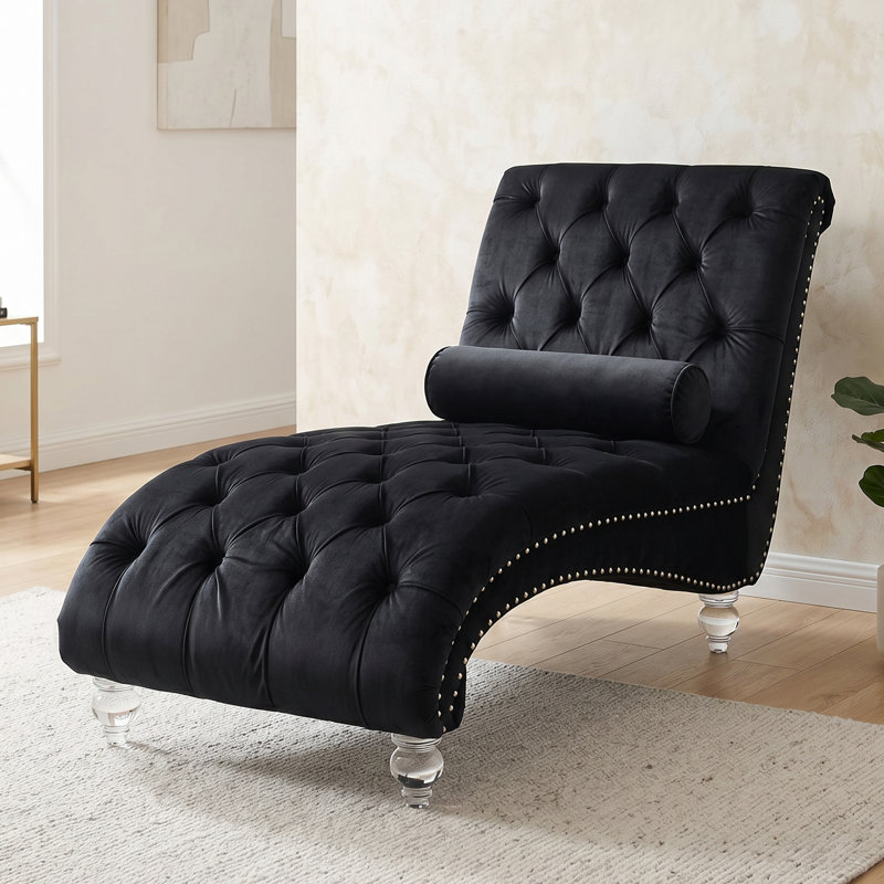 Danuta 29" Wide Armless Upholstered Tufted Chaise Lounge Chair with Lumbar Pillow and Nailhead Trim, Black