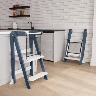 Foldable Kids Step Stool, 3 Adjustable Height Wooden Toddler Kitchen Tower With Safety Net - Grey