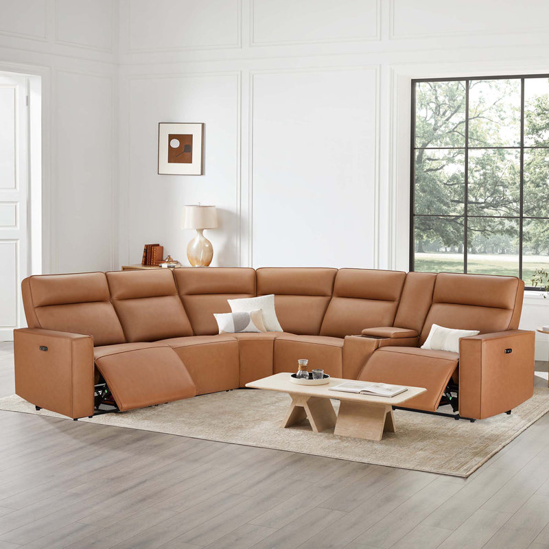 Jarobi 6 - Piece Upholstered Genuine Leather Power Recliner Sectional Sofa with Storage Console